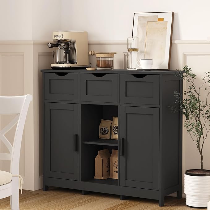 Sideboard Floor Storage Cabinet - Wooden Storage Organizer with 2 Doors and 3 Drawers, Free Standing Accent Buffet Cabinet with Adjustable Shelves for Living Room, Bedroom.Bathroom (Black)
