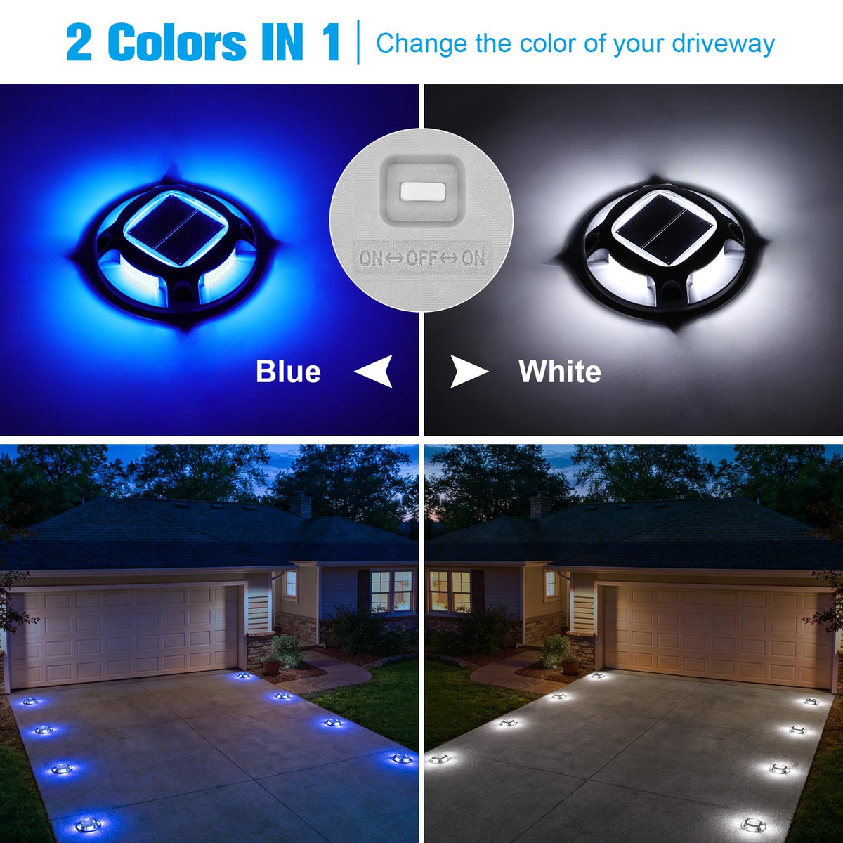 VOLISUN Solar Dock Marine Lights 12 Pack,2 Colors in 1,Outdoor IP67 LED Solar Powered Waterproof Driveway Marker Deck Lights for Warning Step Sidewalk Pathway (White/Blue),Saltwater Resistant
