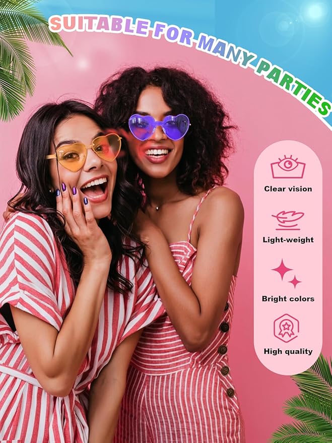 12 Pairs Heart Shaped Sunglasses for Women Colorful Glasses Fun Trendy Transparent Heart Sunglasses Party Favor (Assorted Colors)