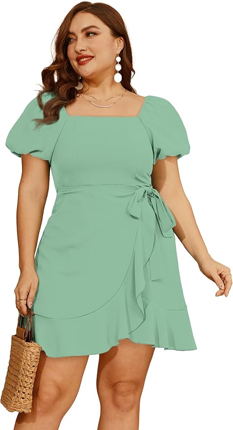 Sampeel Womens Summer Dresses Square Neck Puff Sleeve Tie Waist Short Dress