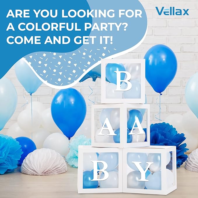Baby Shower Boxes with Letters – White Boxes with Blue, Silver & White Balloons – 44-Piece Gender Reveal & Party Decoration Set by Vellax