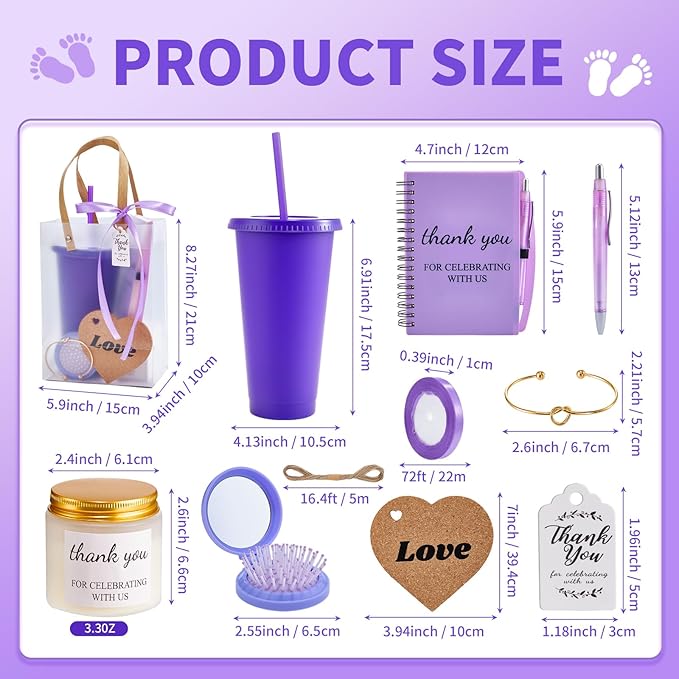 56Pcs Baby Shower Prizes for Game Winners Baby Shower Favors Gifts including Plastic Tumbler Notebook Scented Candles Ballpoint Pen Mirrors with Hair Brushes Bracelet Gift Bag (Purple)