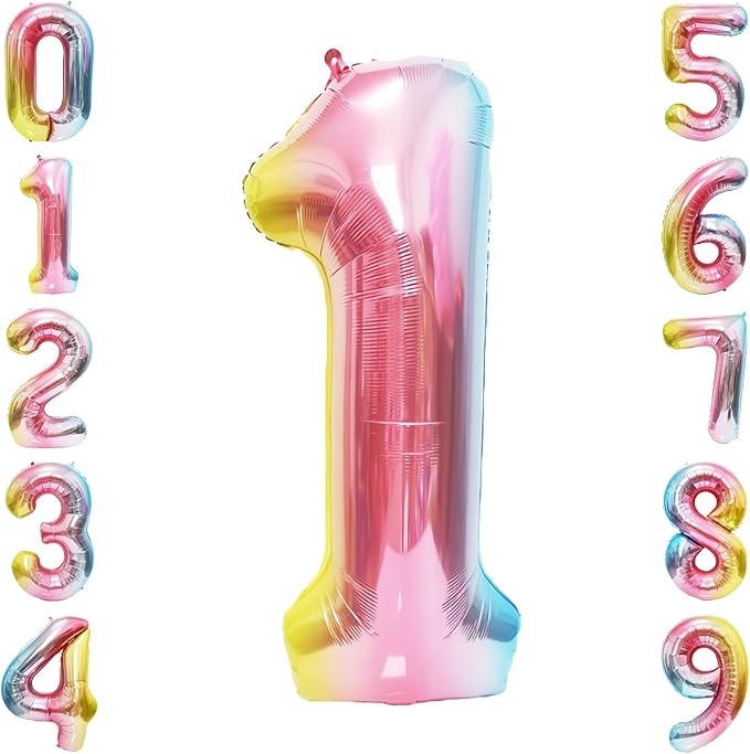 Rainbow Number Balloons Birthday Balloons - Giant Number 1 Balloon 40 inch, Numbers Balloon Birthday Decorations, Rainbow Party Supplies for Baby Shower
