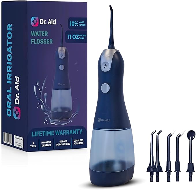 Dr. Aid Dental Water Flosser – Portable Oral Irrigator – 11Oz Tank, Water Filter, 5 Tips, Magnetic Charger – IPX8 Waterproof Cordless Water Flosser, Ideal Water Flossers for Teeth, Gums (Dark Blue)