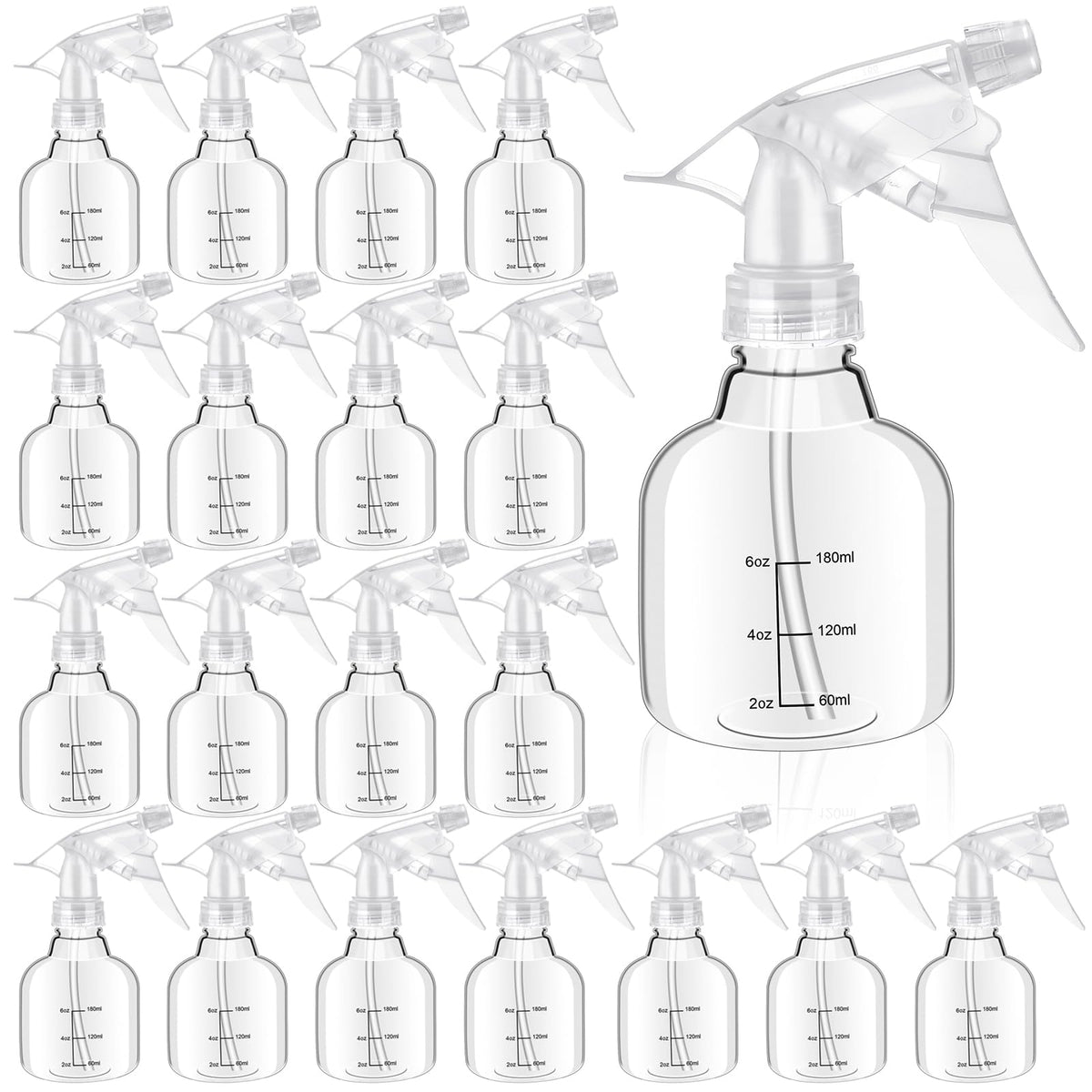 Worldity 24 Pcs Empty Plastic Spray Bottles 8 oz, Clear Mini Spray Bottles with Measurement Adjustable Nozzle, Refillable Spray Bottle for Hair Plant Kitchen Bath