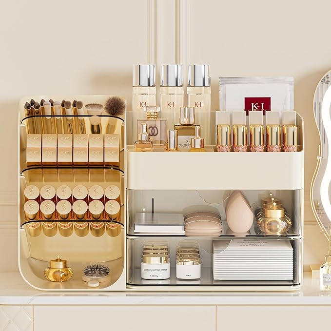 Makeup Organizer with Drawers,Large Capacity Countertop Organizer for Vanity,Bathroom and Bedroom Desk Cosmetics Organizer,Easy To Storage Skincare,Brushes, Eyeshadow,Lipstick (All Cream, Large)