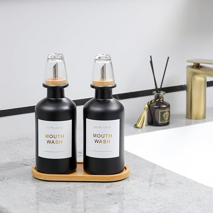 11.8OZ Glass Mouthwash Dispenser for Bathroom with Stainless Steel & Bamboo Nozzle, Mouthwash Cup Reusable, Bamboo Tray, and Elegant Gold Sticker.Set of 2（Black