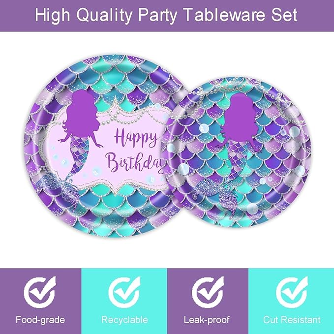 Vanulus 96 PCS Mermaid Birthday Party Supplies Set Mermaid Plates and Napkins Birthday Party Tableware Packs Decorations Little Mermaid Disposable Paper Plates Napkins Forks Serve 24 Guests