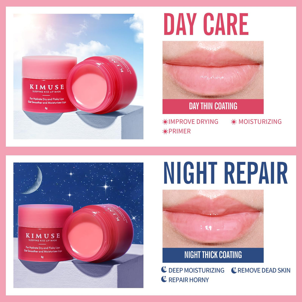 KIMUSE Lip Mask Set, 4PCS Lip Sleeping Mask Overnight Treatment Lip Care Products, Moisturize & Nourish, Flaky, Cracked Dry Lips, Intense Hydration with Shea Butter (SET)