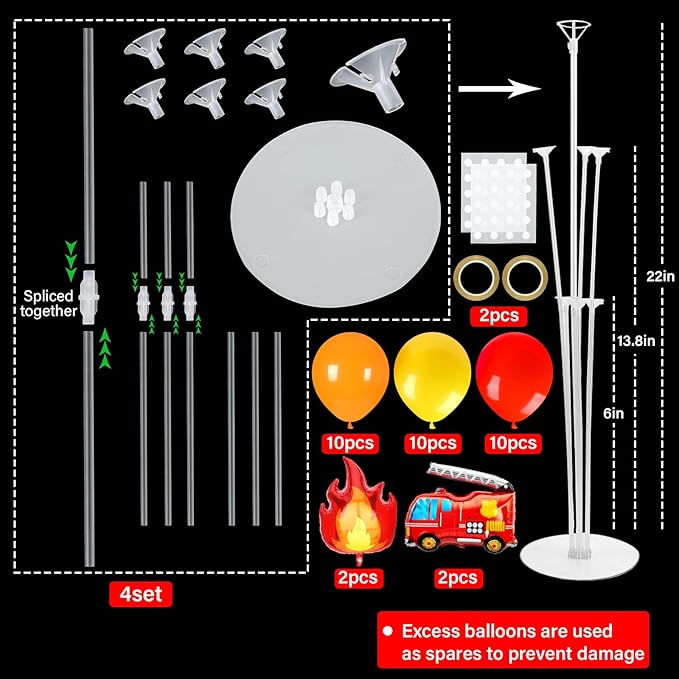 4 Sets Fire Party Balloons Stand Kit with Flame Fire Truck Foil Balloons Orange Yellow Red Party Balloon Centerpiece for Tables for Fireman Firefighter Rescue Themed Birthday Decorations