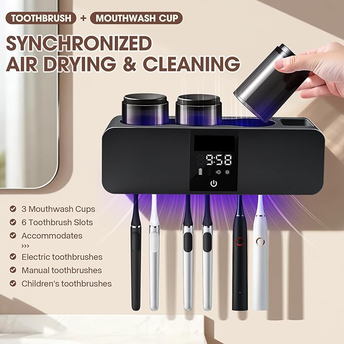 3 in 1 Toothbrush Cleaner Holders for Bathrooms,Wall Mounted Toothbrush Holders with Drying and Cleaning,Smart LED Screen,6 Toothbrush Slots,3 Cups and Toothpaste Dispenser (Deep Grey)