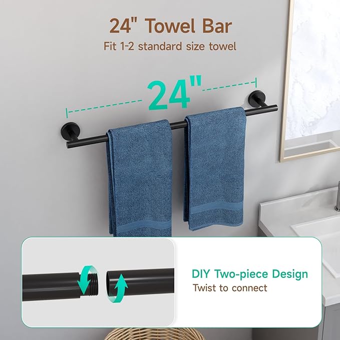 USHOWER Matte Black Bathroom Hardware Set, Modern 24-Inch Towel Bar Set Wall Mounted, Durable SUS304 Stainless Steel Bathroom Accessories Set, 4-Piece
