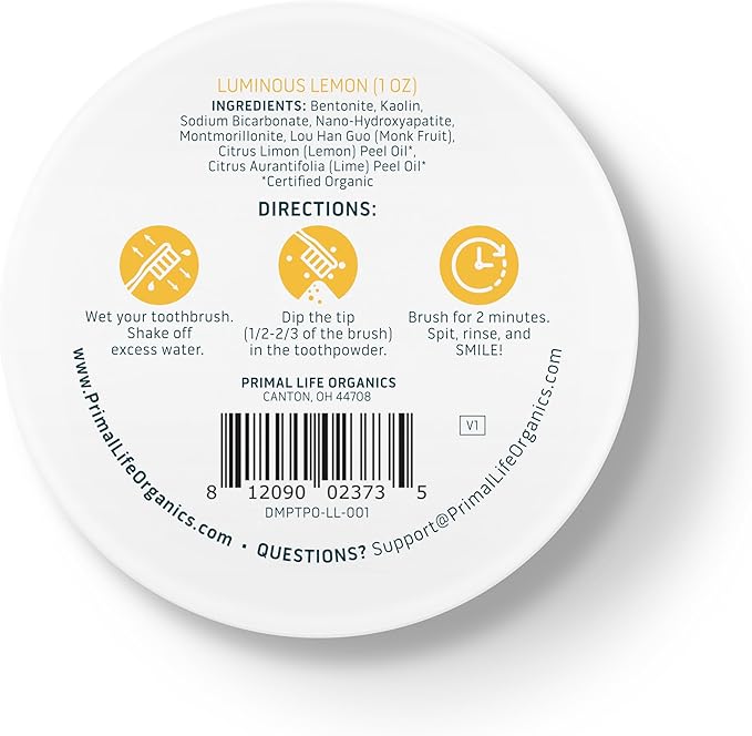 Primal Life Organics - Dirty Mouth Luminous Lemon Toothpowder, Tooth Cleaning Powder, Flavored Essential Oils with Natural Kaolin & Bentonite Clay, Good for 200+ Brushings, Paleo, Organic, Vegan