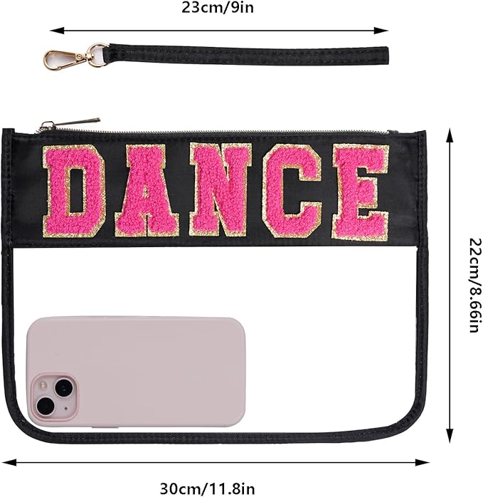 Chenille Letter Bag - Multi-purpose Nylon Cosmetic Bags with Zipper, Flat Pouches for Travel, Gym, Beach (Black-Dance)