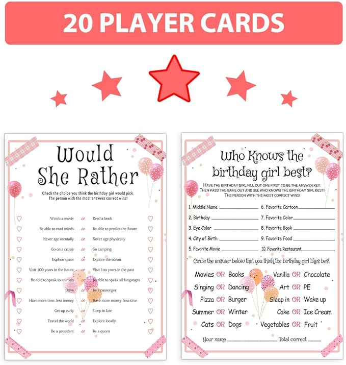 ALodr 20 Pcs Who Knows the Birthday Girl Best, Would She Rather Games for Girl Birthday Party, Funny Birthday Party Games, Double Sided, 5x7 Inches