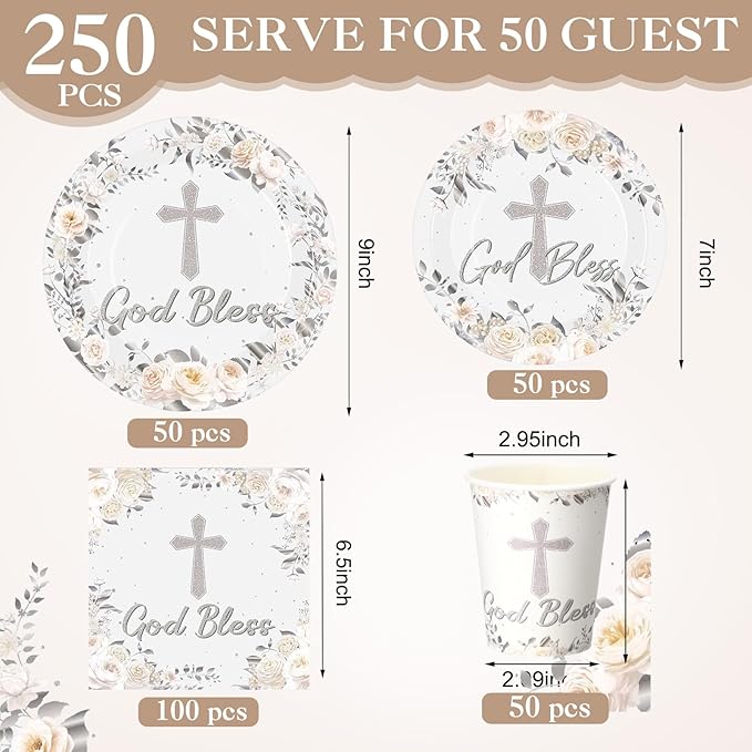 Pickmesh 250 Pcs Silver God Bless Baptism Tableware Set First Holy Communion Baptism Disposable Cross Floral Paper Plates Napkins and Cups for Christening Celebration Baby Shower Religious Supplies