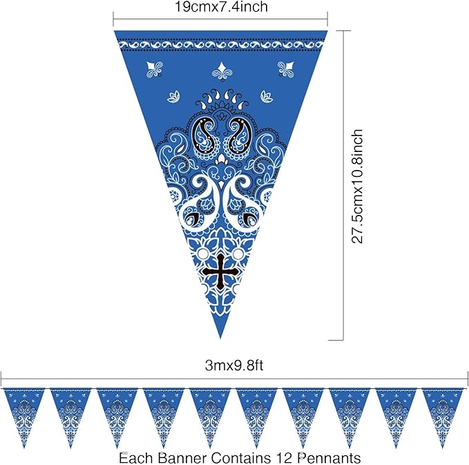 Boao 5 Pack Western Cowboy Party Decorations Bandana Pennant Banner Wild West Decor Western Cowboy Themed Yee Haw Country Party Decoration Supplies 9.8 x 5 ft(Blue Paisley)