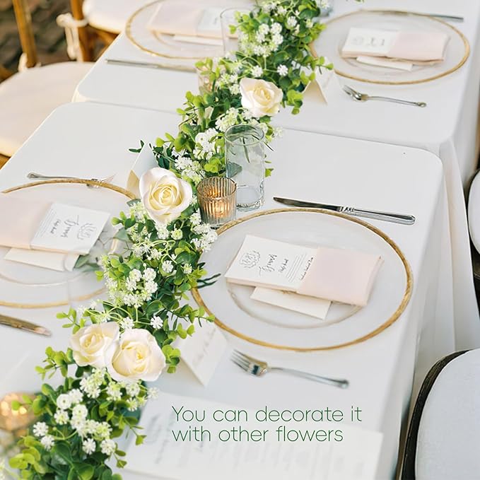 6FT Eucalyptus Garland with Flowers, 2 Pack Artificial Greenery Garland Hanging Spring Eucalyptus Garland Suitable for Table Wedding Backdrop Arch Wall Party UV Protected Indoor Outdoor Decor
