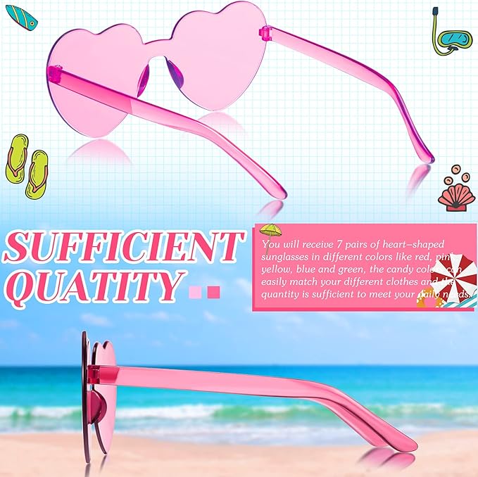 TOODOO 10 Pairs Heart Shaped Sunglasses Rainbow Sunglasses Candy Color Rimless Glasses for Women Girl Party Favor