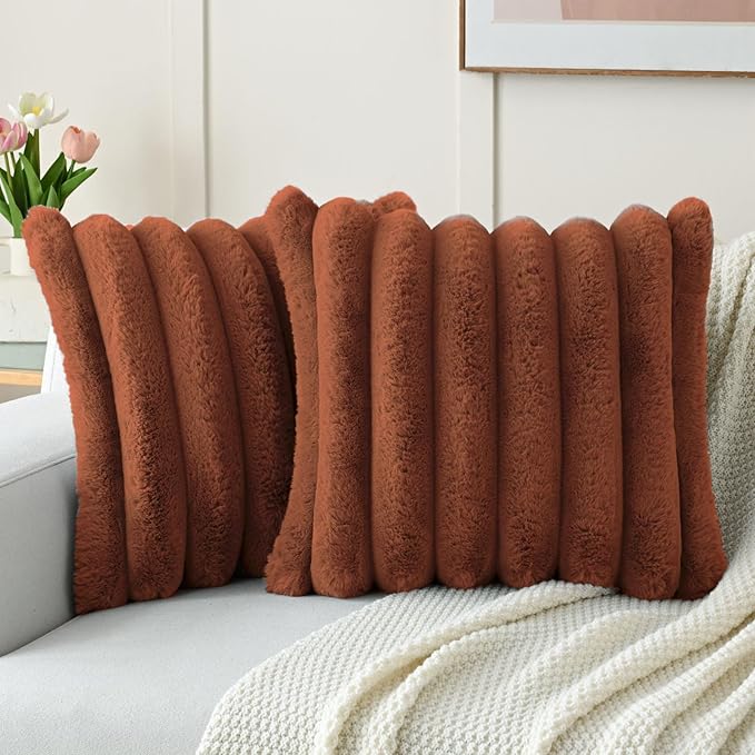 FUTEI Rust Decorative Throw Pillow Covers 22x22 Inch Set of 2, Square Soft Faux Rabbit Fur Big Striped Cushion Cover,Home Decor for Couch Sofa Bed Living Room