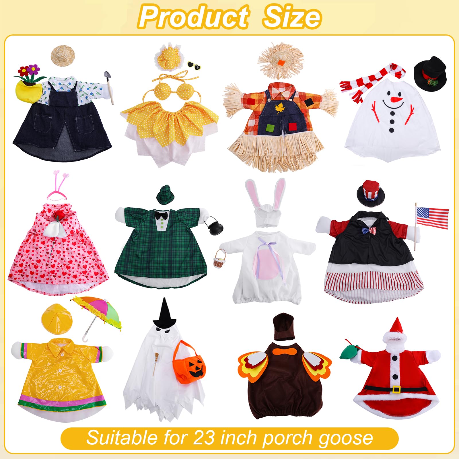 12 Set Porch Goose Outfits, Porch Goose Holiday Outfit, Spring Valentine's Day St. Patrick Easter Raincoat Summer 4th of July Halloween Fall Thanksgiving Snowman Christmas 23" Lawn Goose Clothes