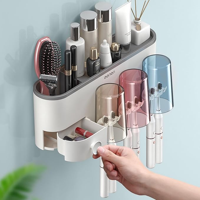 No-Drill Wall Mounted Toothbrush Holder, Bathroom Shelf, with 1 Automatic Toothpaste Dispenser 6 Brush Hooks Cups 1 Cosmetic Drawer Organizer and Large Storage (1 Dispenser + 3 Cups)