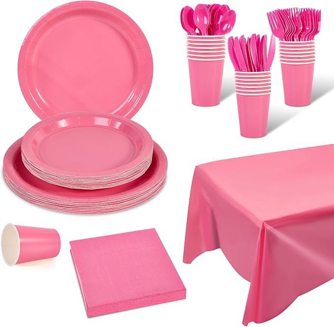 Ottin 169PCS Hot Pink Party Supplies for 24 Guests – Disposable Paper Plates, Napkins, Cups, Forks, Knives, Spoons & Tablecloth for Birthday, Wedding, Halloween, Thanksgiving, Christmas, and New Year