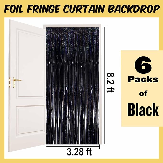 6 Pack Black Foil Fringe Curtains Backdrop, 3.28 x 8.2 Ft Metallic Streamers Tinsel Curtains Background for Photo Booth, Birthday, Halloween, Christmas, New Year Party Decorations