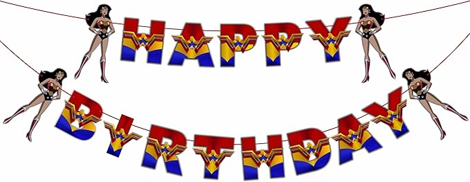 "Wondr Woman Happy Birthday Banner – Superhero Theme Party Decorations for Girls – Colorful Hanging Birthday Banner for Birthday,Comic Fan Celebrations, School Events & Party Supplies"