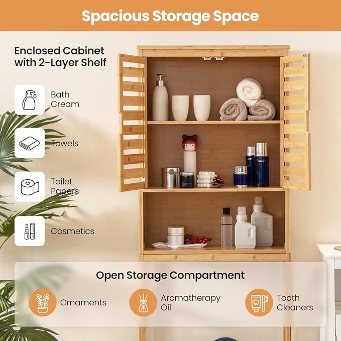 Giantex Over The Toilet Storage Cabinet, 4-Tier Bamboo Bathroom Space Saver with 2 Louver Doors, Open Shelf, Adjustable Bottom Bar, Over Toilet Bathroom Organizer for Laundry, Balcony, Restroom