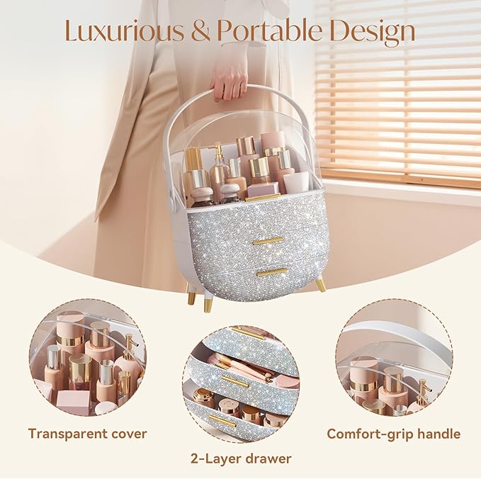Bling Makeup Organizers, Cosmetic Display Case with Clear Cover, Vanity Makeup Organizers for Lipstick Perfume Lotion and Skincare, Silver Diamond