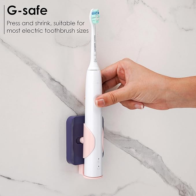 2-Pack Gravity Electric Toothbrush Holder, Wall Mounted Auto-Grip Stand with Open Drain & Charging Port, Self-Adhesive Hygienic Storage Caddy for Bathroom (Purple & Pink)