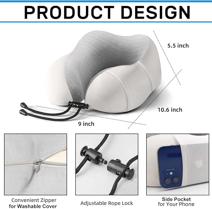 Neck Pillow for Traveling,Premium Memory Foam Travel Neck Pillow for Airplane,Soft Smooth & Breathable Cover,Adjustable Headrest Sleep Flight Pillow for Plane,Car,Office and Home,Light Grey