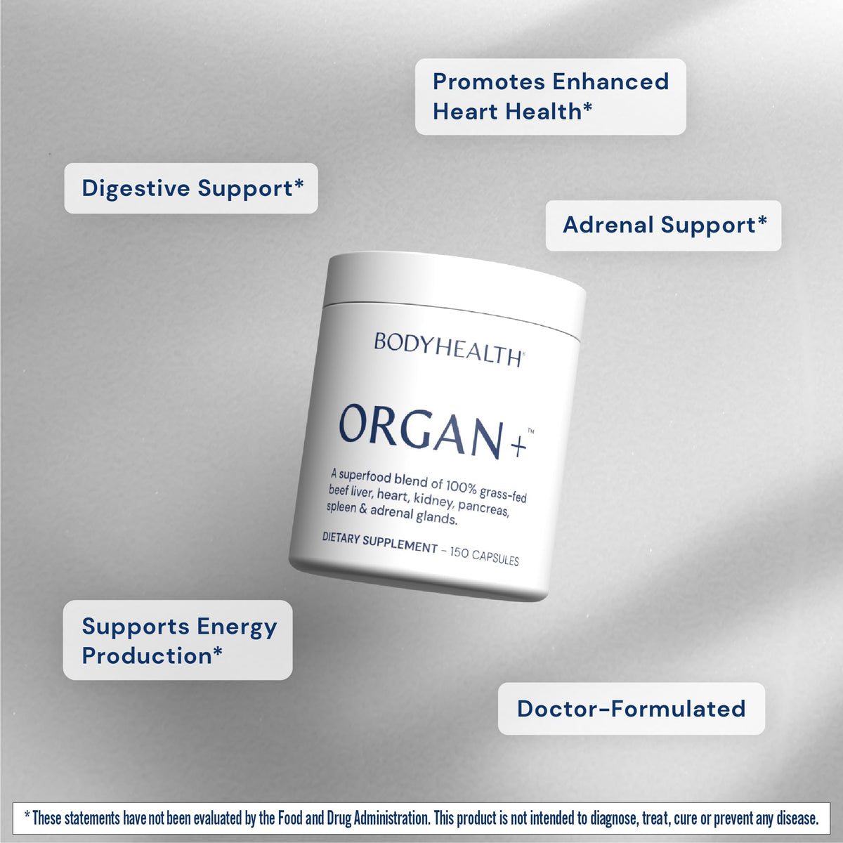 BodyHealth Organ+ Grass-Fed Glandular Organ Complex, Grassfed Beef Organ Supplement, Dessicated Beef Liver, Heart, Kidney, Pancreas, Spleen, Non GMO, Adrenal, Supplement, (150 Capsules)