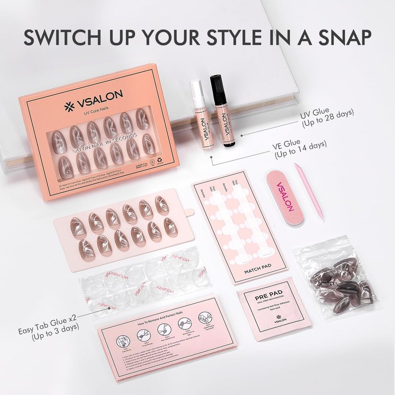 VSALON Press On Nails Short Almond- Cat Eye Silver Shimmer Nails Kit