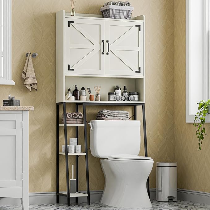 Vabches Over The Toilet Storage Cabinet, Farmhouse Storage Cabinet Over Toilet with 2 Barn Door & Toilet Paper Holder Stand，Home Space-Saving Toilet Rack, for Bathroom, Restroom, Laundry