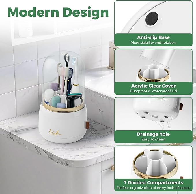 Toothbrush Holders for Bathrooms, Rotating 7 Slots Toothbrush Holder with Cover, Kids Electric Toothbrush and Toothpaste Holders for Caddy for Bathroom Vanity, Sink, Countertop, White