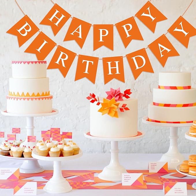 Orange Birthday Banner Sign Happy Birthday Bunting Banner Garland for Kids Girl Woman Tea Party Decorations Bunting Flag Themed Party Supplies