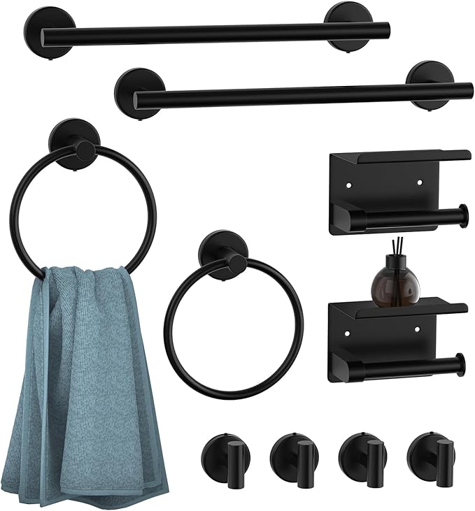 Matte Black Bathroom Hardware Set, 10 Pieces Towel Bar Set Bathroom Accessories with16'' Towel Bar, Towel Ring, Toilet Paper Holder and Towel Hooks