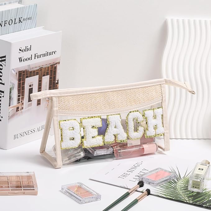Etercycle Boho Patch BEACH Makeup Bag, Clear PVC Travel Toiletry Bag Waterproof Beach Bags for Women, Small Chenille Letter Bag With Zipper for Beach Travel Essentials