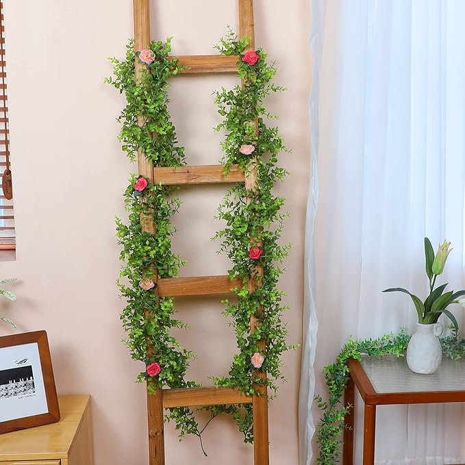 Dolicer 2 Packs Eucalyptus Garland with LED Lights String, 12FT Faux Eucalyptus Greenery Garland, Artificial Hanging Green Leaves Vine Wedding Backdrop Arch Wall Table Decor (Green)