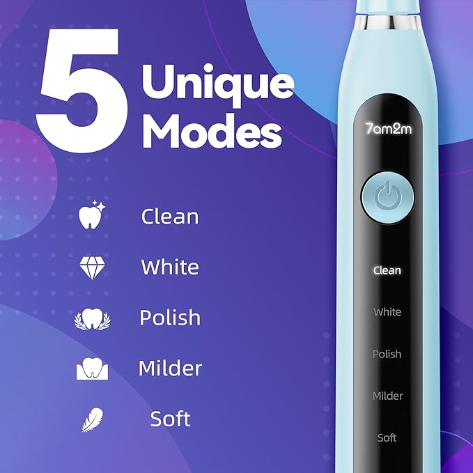 7AM2M Sonic Electric Toothbrush for Adults High Power Rechargeable Toothbrushes with 6 Brush Heads,5 Adjustable Modes, Built-in 2-Minute Smart Timer,3 Hours Fast Charge for 45Days Blue