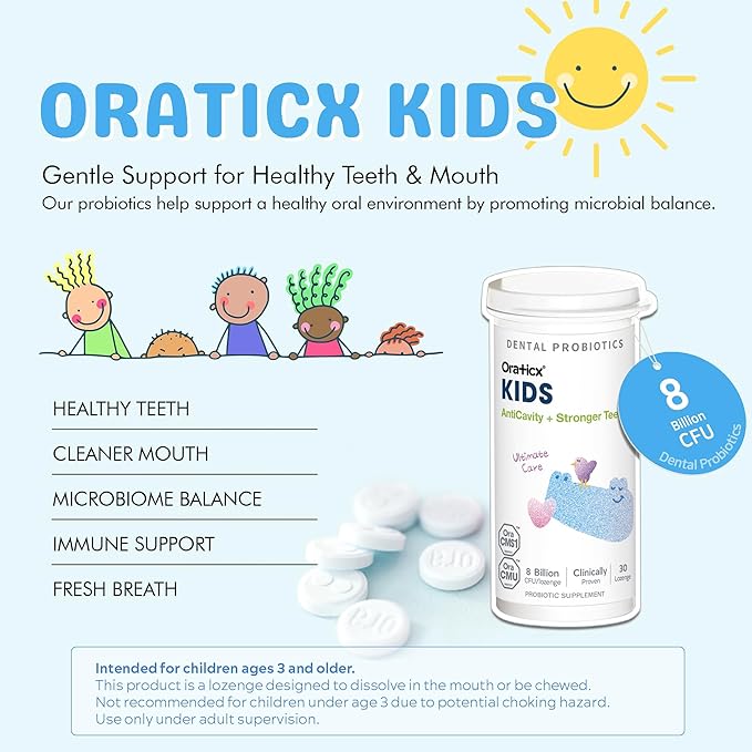 OraTicx Kids Dental Probiotics for Anti-Cavity + Healthy Teeth and Gums, 8 Billion CFU Probiotics for Oral Health, Yogurt Flavor 2-Pack