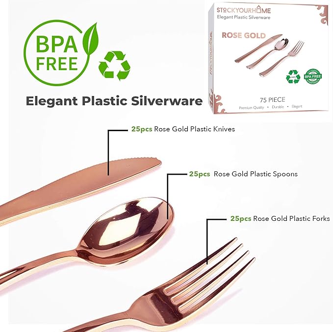 75-Pcs Heavy Duty (Rose Gold) Plastic Silverware Set, Disposable Cutlery Set, Great for Parties, Weddings, and Catering, Flatware Utensils Included: 25 Forks, 25 Spoons, 25 Knives, Packaging May Vary