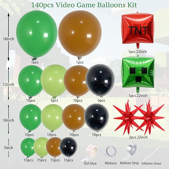 140Pcs Green Balloon Arch Garland Kit with Lime Green Brown Black Square Star Foil Balloons for Gaming Theme Party Decor, Birthday Party Supplies, Kids' Party Crafts and Decorations
