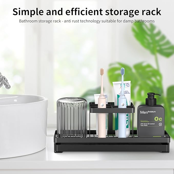 Toothbrush Holders for Bathrooms, 5 Slots Carbon Steel Tooth Brushing Holder Electric Toothbrush and Toothpaste Organizer Bathroom Accessories for Countertop, Shower, Black