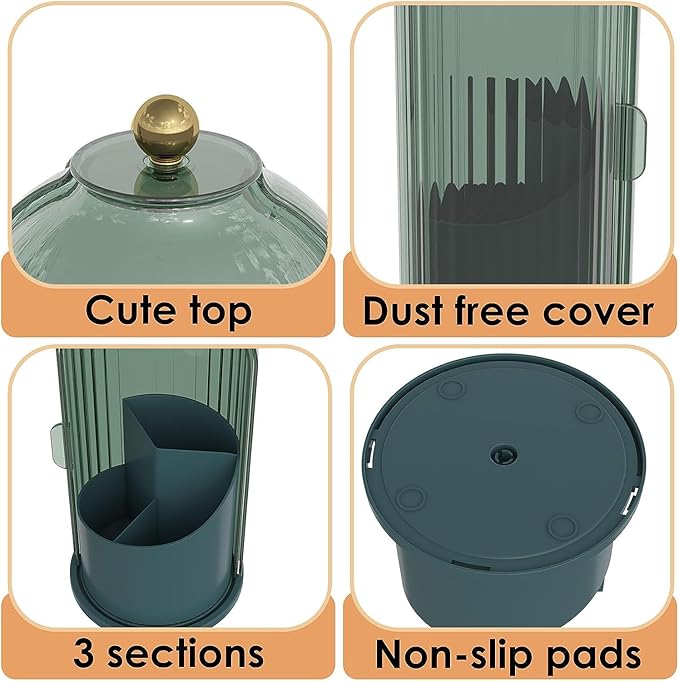 Dustproof Toothbrush Holders with Cover, Rotating Electric Toothbrush and Toothpaste Holder for Bathroom Countertop, 3 Slots Makeup Brushes Organizer, All Green