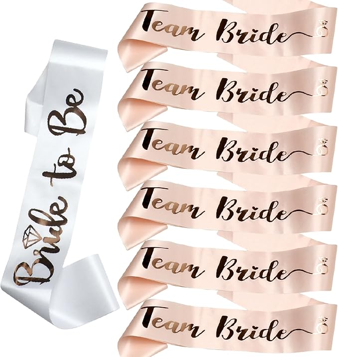 Luwigs Team Bride 7pcs Satin Sash Set - 6 Team Bride Sashes + 1 Bride to Be Sash Bridesmaids Sashes for Wedding Bridal Shower Party Decorations (Pink&White)