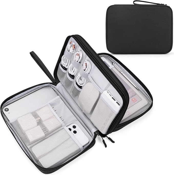 FYY Electronic Organizer, Extra Large Travel Cable Organizer Bag Pouch Portable Waterproof Double Layers All-in-One Storage Bag for iPad, Cable, Power Bank, Laptop Charger for Office/Home, Black