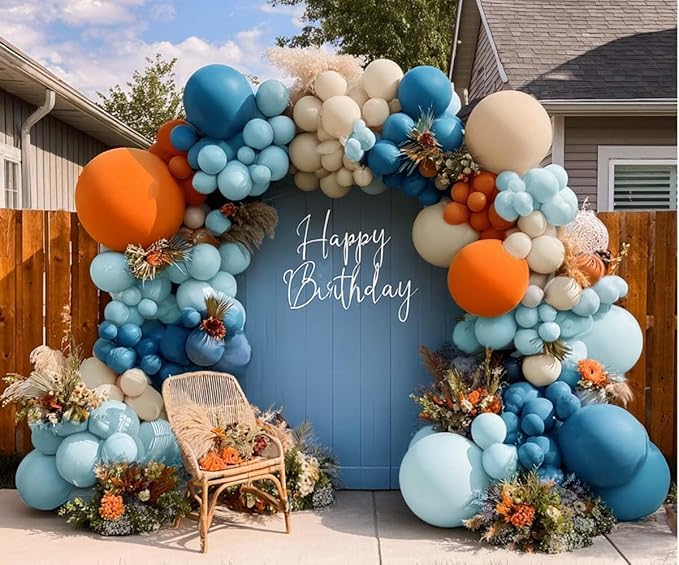 Blue White Balloon Arch Double Stuffed Latex Orange Dusty Blue Sand White Balloon Garland for Birthday Baby Shower Cow Boy Girl Sport Anniversary Party Decor